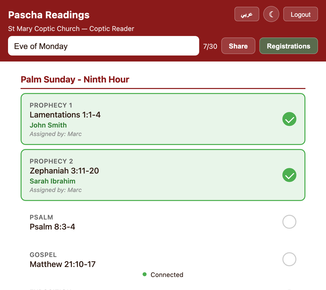 Main readings dashboard showing assignment cards