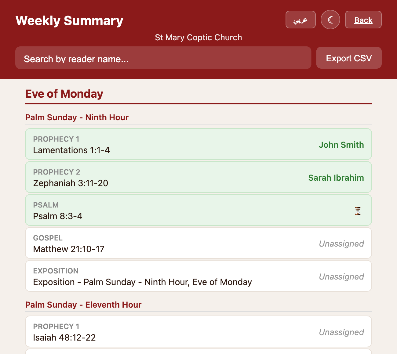 Weekly summary view with all assignments